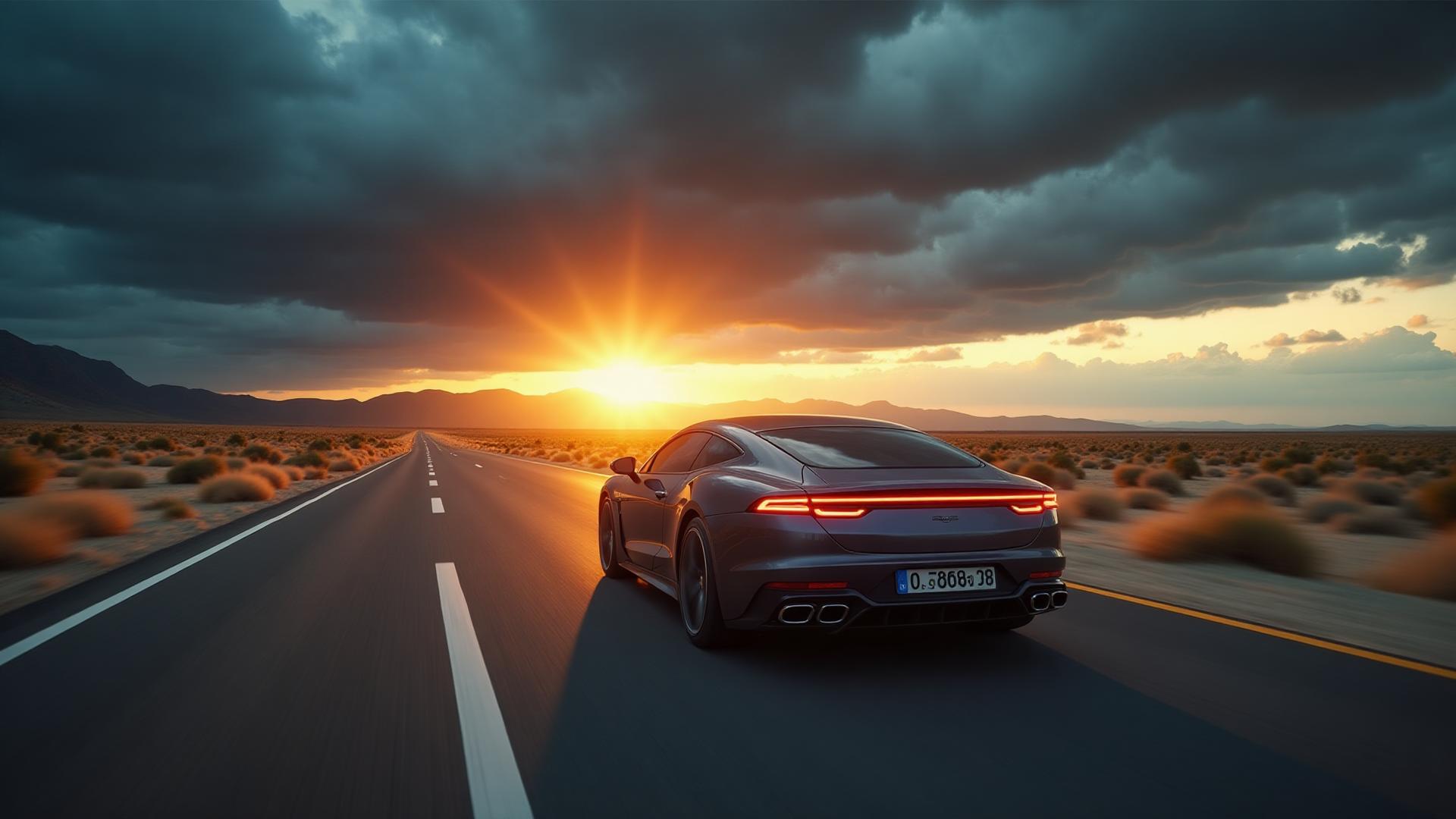 Vehículo moderno en carretera desértica con cielos dramáticos